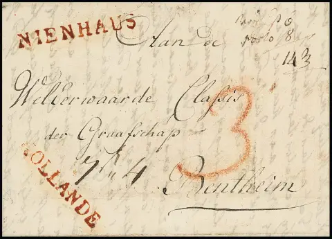 "Nienhaus", 1809, L1 rouge de Berg, avec L1 "HOLLANDE", sur belle petite lettre d'Amsterdam à Bentheim, calcul de port intéressant en haut à droite