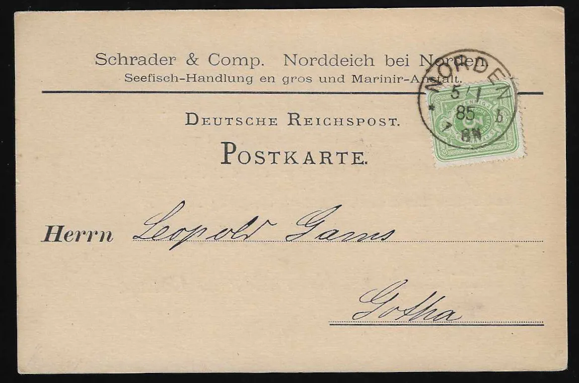 "Norderney", K1 1877 sur entier postal 10 Pfge., ainsi que K1 "Norden" 1885 sur carte imprimée avec 3 Pfg. d'un marchand de poissons à Norddeich
