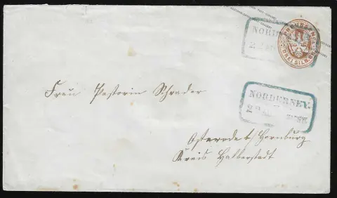 "Norderney", Ra2 bleu clair sur deux entiers postaux 1 Gr. rose et 3 Gr. brun, ainsi que sur entier postal de Prusse 3 Sgr. brun et lettre 1868