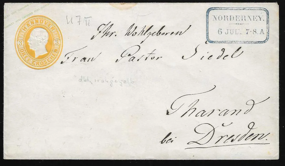 "Norderney", idealer blauer Ra2 auf prachtvoller Ganzsache 3 Gr. gelb nach Sachsen (Couvert winziges Randfleckchen)