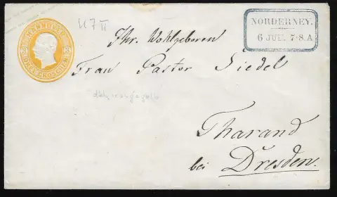 "Norderney", Ra2 bleu idéal sur magnifique entier postal 3 Gr. jaune vers la Saxe (enveloppe avec minuscule tache marginale)