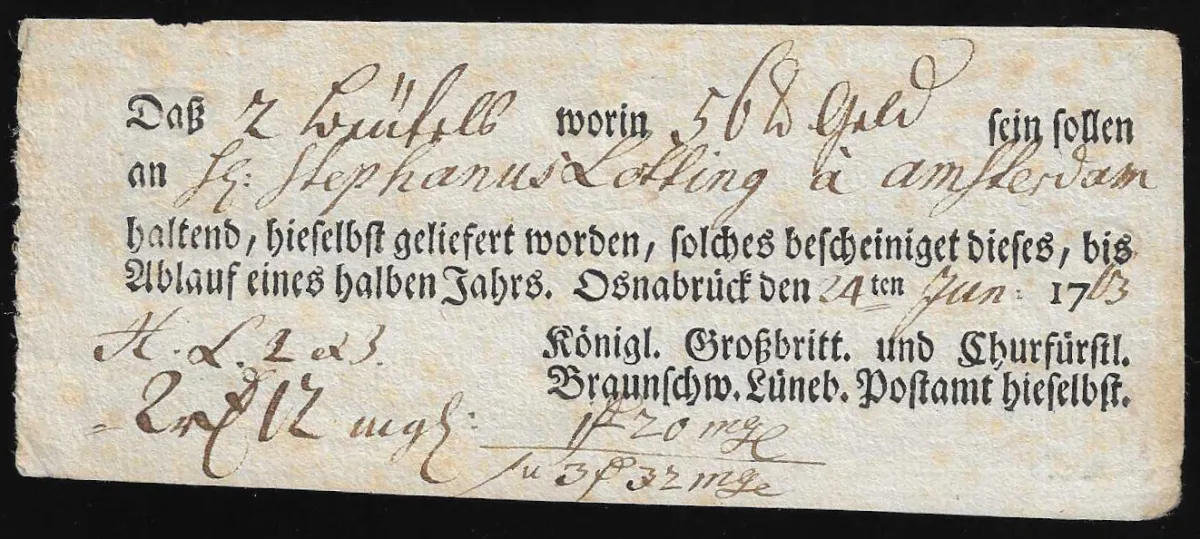 "Osnabrück", 1763/81/95, drie verschillende lokale gedrukte postwissels van het Koninklijk Brits en Keurvorstelijk Brunswijk-Lüneburgs Postkantoor