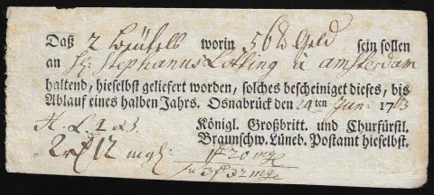 "Osnabrück", 1763/81/95, trois différents mandats-poste imprimés locaux de la poste royale britannique et électorale de Brunswick-Lunebourg