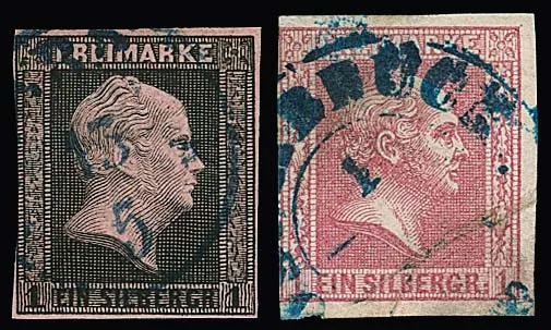 "Osnabrück", rare oblitération par le K2 bleu sur Prusse 1 Sgr., 1ère émission, et 1 Sgr. fond quadrillé, usage étranger et tardif (petites marges)