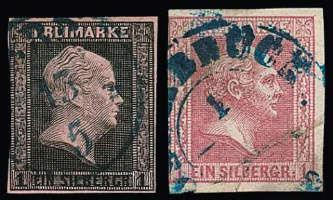 "Osnabrück", rare oblitération par le K2 bleu sur Prusse 1 Sgr., 1ère émission, et 1 Sgr. fond quadrillé, usage étranger et tardif (petites marges)