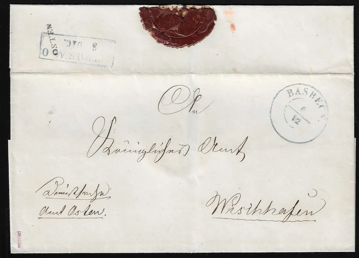 "Osten", (1860), klarer rs. blauer Fußpost-K1, vs. K2 "Basbeck", auf Brief nach Freiburg b. Drochtersen, dazu Brief mit rs. schwarzem Fußpost-L1 "Osten" und…