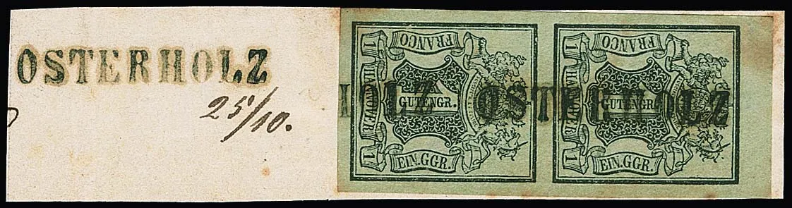 "Osterholz", schwarzer L1 als Vorausentwertung und nebengesetzt, auf Briefstück mit breitrandigem Oberrand-Paar 1 Ggr. schw./grün (nur im Rand leicht getönt)