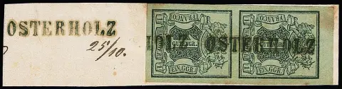 "Osterholz", L1 noir comme préoblitération et apposé à côté, sur fragment de lettre avec paire 1 Ggr. noir/vert à larges marges du bord supérieur (légèrement teinté seulement dans la marge)