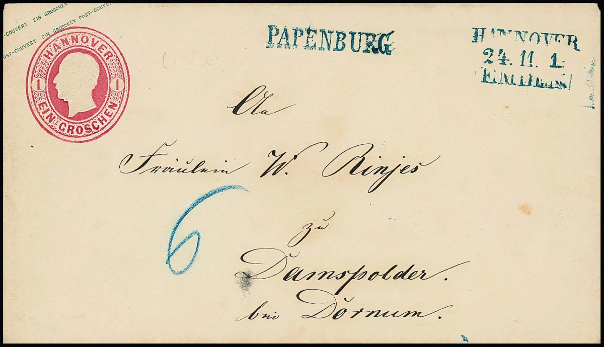"Papenburg", L1 bleu de poste ferroviaire avec L3 de train "Hannover-Emden" clair sur entier postal 1 Gr. rose pour Damspolder près de Dornum avec "6" manuscrit pour distribution rurale