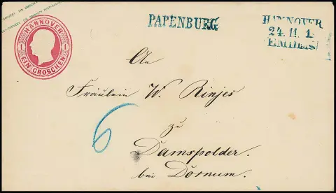 "Papenburg", L1 bleu de poste ferroviaire avec L3 de train "Hannover-Emden" clair sur entier postal 1 Gr. rose pour Damspolder près de Dornum avec "6" manuscrit pour distribution rurale