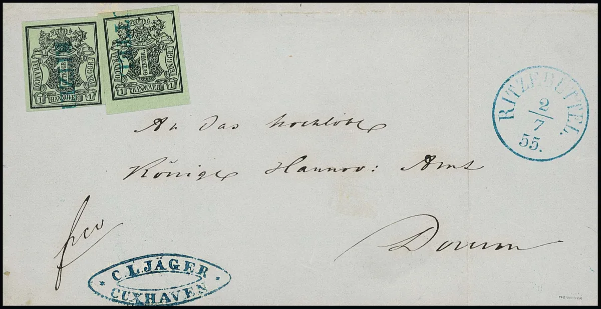 "Ritzebüttel", L1 bleu comme oblitération anticipée, K1 1855 juxtaposé, sur lettre pliée avec deux 1 Ggr. noir/vert mer parfaits (un du bord inférieur),…