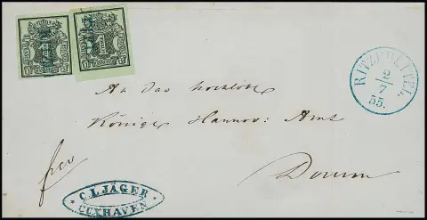 "Ritzebüttel", L1 bleu comme oblitération anticipée, K1 1855 juxtaposé, sur lettre pliée avec deux 1 Ggr. noir/vert mer parfaits (un du bord inférieur),…