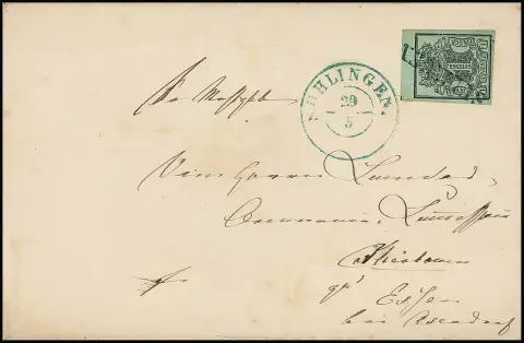 "Suhlingen", L1 bleu en pré-affranchissement, K2 adjacent, sur lettre pliée (bords légèrement tachés) avec pièce de marge supérieure 1 Ggr. noir/vert mer parfaite avec défaut de plaque "coin inférieur gauche biseauté" (clairement d'un autre champ de feuille que le champ 70 listé dans Michel)