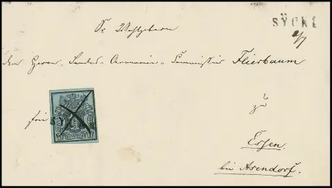 "Sycke", L1 clair sur enveloppe de cabinet avec 1 Ggr., celle-ci en plus avec croix à la plume