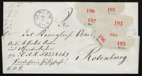 "Verden", (1860), K2 bleu sur lettre d'accompagnement de colis avec sept étiquettes de colis au recto