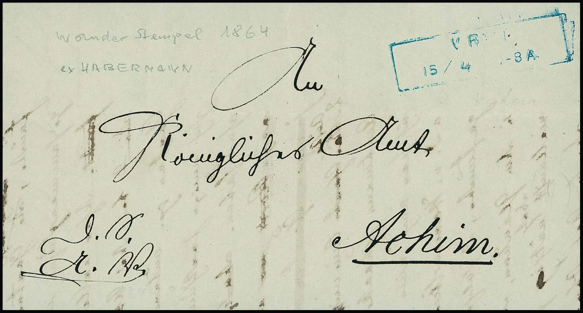 "Verden", 15.4.1864, rare blue auxiliary Ra2 with spaced letters, here however in wrong composition ("VR..."), on letter with content, ex Habermann