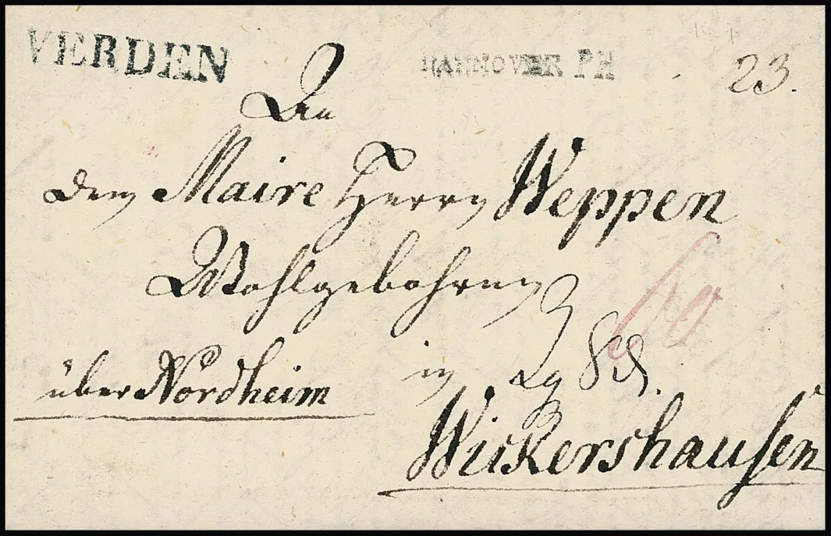 "Verden", 1809, clear L1 with small transit L1 "HANNOVER PH" on letter to Weikershausen, Hb. No. 359, 800,-