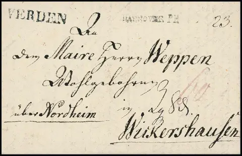 "Verden", 1809, L1 clair avec petit L1 de transit "HANNOVER PH" sur lettre pour Weikershausen, Hb. n° 359, 800,-