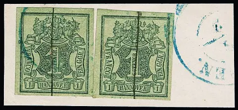 "Verden", combinaison inhabituelle sur fragment de lettre de cabinet avec deux fois 1 Ggr., timbre gauche avec oblitération préalable par K2 et trait d'encre, droite sans VE, seulement…