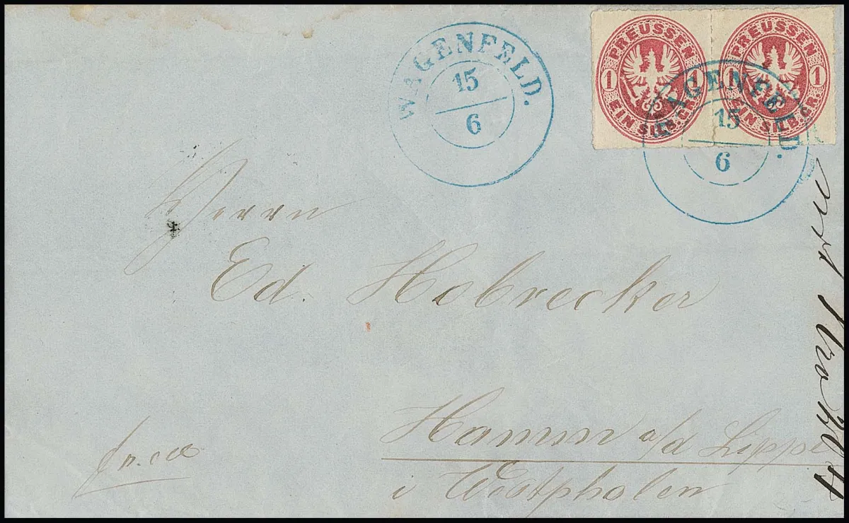 "Wagenfeld", auxiliary blue K2 clear on letter with horizontal pair Prussia 1 Sgr.