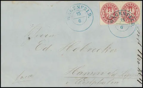 "Wagenfeld", K2 bleu de poste auxiliaire clair sur lettre avec paire horizontale Prusse 1 Sgr.