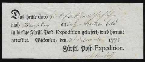 "Wickensen", 1778, rare bulletin de poste imprimé local
