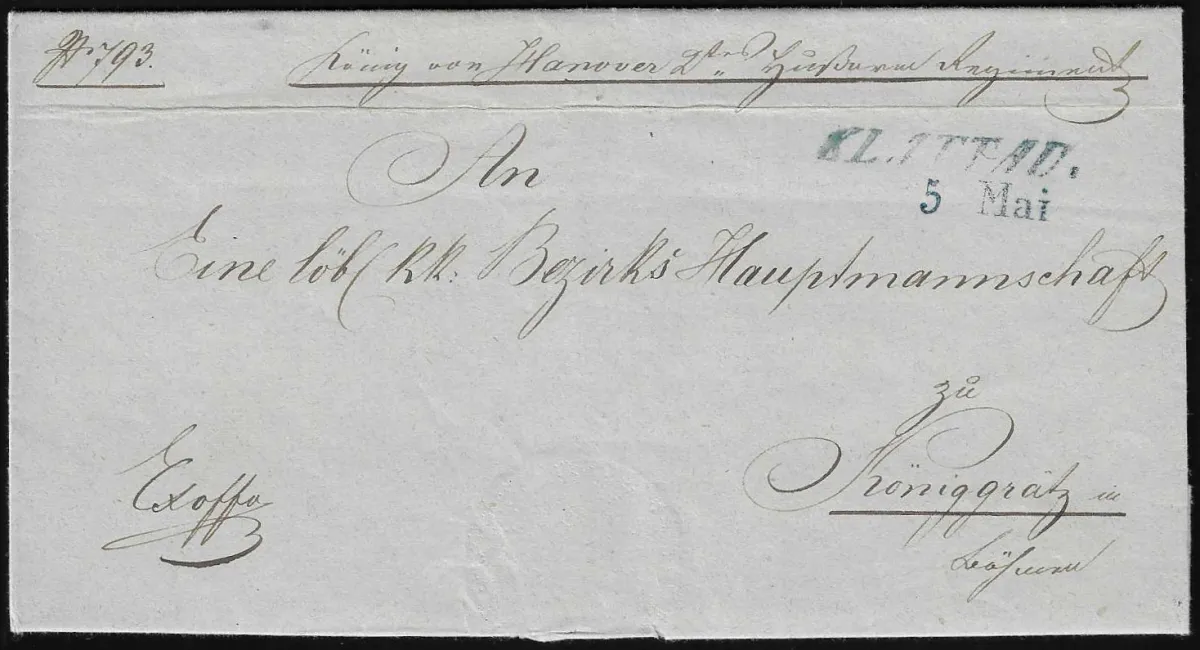 Feldpost, 1850, 5.5., "Klattau", blauer österr. L2 klar auf Militariabrief vom "König von Hannover 2tes. Husaren-Regiment" nach Königgrätz