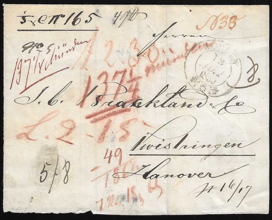 Incoming mail, 1850, parcel accompanying letter (one flap part missing on reverse) from Wohlen/Switzerland (K2) with numerous taxes (total 186 Gr.!) to Twistringen