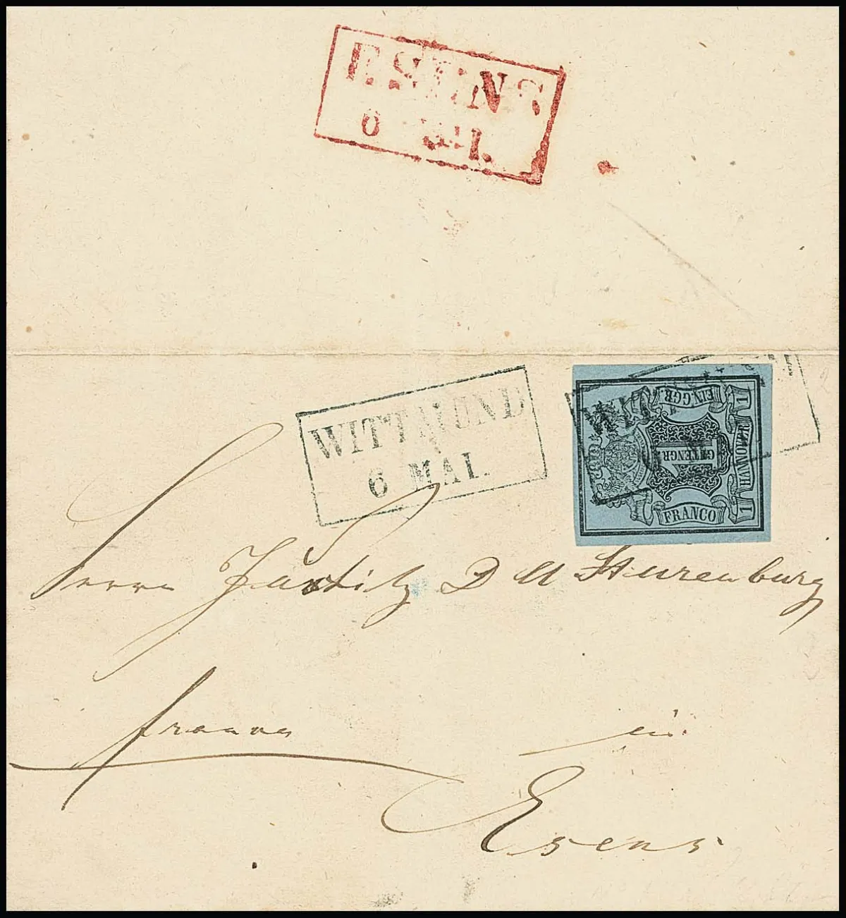 1 Ggr. black/grey-blue on cabinet letter with Ra2 "Wittmund" to Esens (red Ra2 on reverse)