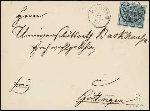 1 Ggr. noir/gris-bleu sur lettre de cabinet avec K1 "Hameln" pour Göttingen. Sign. Engel, Bolaffi, ainsi que photo-exp. Berger