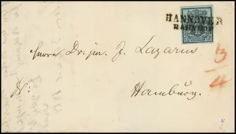 1 Ggr. noir/bleu-gris, larges marges, avec L2 clair "Hannover Bahnhof" sur lettre de luxe pour Hambourg, timbre intérieur sur une localité comptant à l'époque (1.12.1850 au 20.7.1851) comme bureau de poste étranger, car il y avait un bureau de poste hanovrien. Sign. Blahak et certificat Kruschel