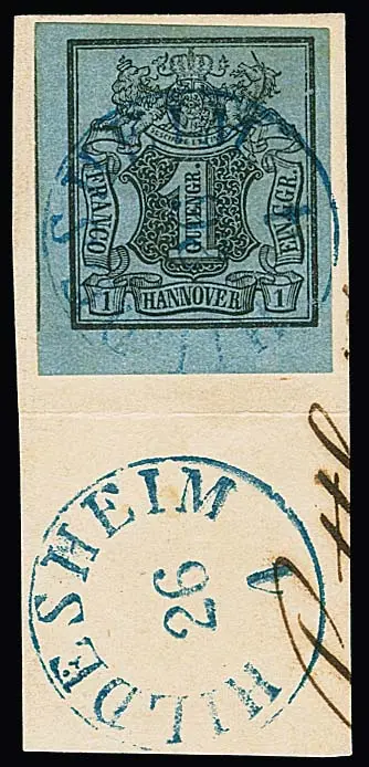 1 Ggr. noir/bleu-gris, marges dépassantes du bord inférieur de la feuille, sur pièce de lettre de cabinet avec K1 bleu "Hildesheim", signé à plusieurs reprises