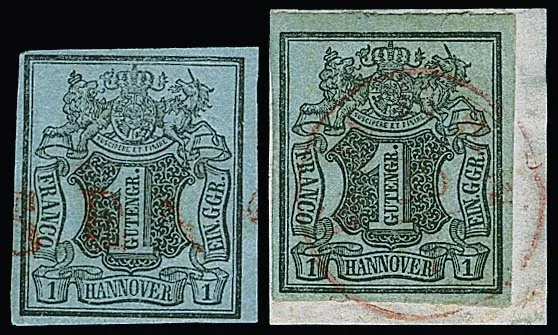 1 Ggr. black/grey-blue, showpiece with red K1 "Esens" (signed Brettl), as well as on letter fragment (small split in top margin only up to the border line) with red K1 "Emden" (photo certificate Berger)