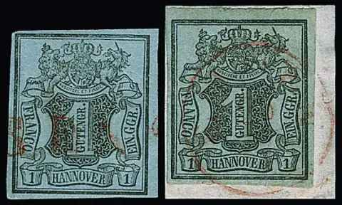 1 Ggr. noir/bleu-gris, pièce de choix avec K1 rouge "Esens" (signé Brettl), ainsi que sur fragment de lettre (petite fente dans la marge supérieure jusqu'à la ligne de bord) avec K1 rouge "Emden" (expertise photo Berger)