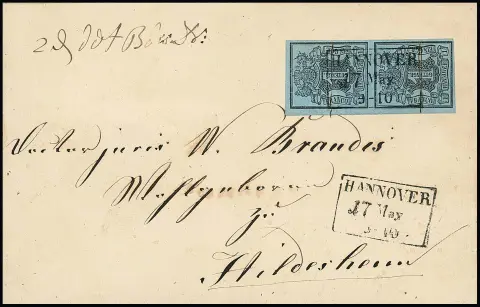 1 Ggr. noir/bleu-gris, paire verticale de choix avec Ra3 "Hannover" et lignes à l'encre sur lettre pour Hildesheim, Mi. 600,- +