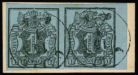 1 Ggr. noir/bleu-gris en paire du bord droit de feuille sur fragment de lettre de choix avec K2 "Celle", signé Engel, Freyse, ex 9e vente Stock 1925, Mi. 230,- +