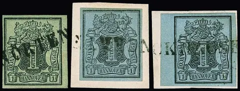 1 Ggr. noir/bleu-gris, quatre valeurs (deux fragments de lettre, une expertise photo Berger), chacune avec L1, "Nörten" (fragment, idem sur n° 2a), "Soltau", "Pattensen" et "Stickhausen" (du bord)