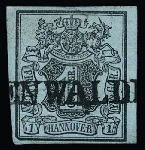 1 Ggr. noir/bleu-gris, pièce de choix avec défaut de plaque "coin inférieur gauche de l'image biseauté" et rare L1 de Neuenwalde, Mi. 250,-