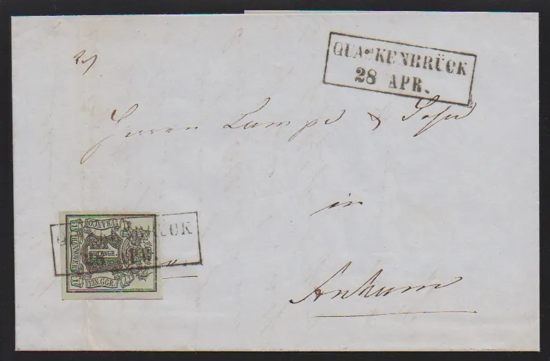 1 Ggr. black/grey-green (Bug) on letter with black Ra2 "Quackenbrück" dated 28.4.1851, probably the last day of black ink