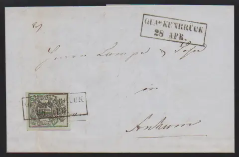 1 Ggr. noir/vert-gris (Bug) sur lettre avec Ra2 noir "Quackenbrück" du 28.4.1851, probablement le dernier jour de l'encre noire