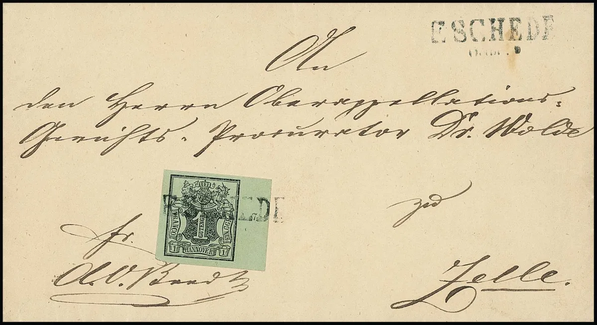 1 Ggr. noir/vert-gris avec large bord de feuille droit (numéro de rangée "7") sur lettre de choix avec L1 noir "Eschede", photo-exp. Berger
