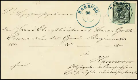 1 Ggr. noir/vert-gris du bord droit de feuille (n° rangée "4") sur lettre de choix avec K2 centr. "Harburg", sign. Friedl, ex Gibson