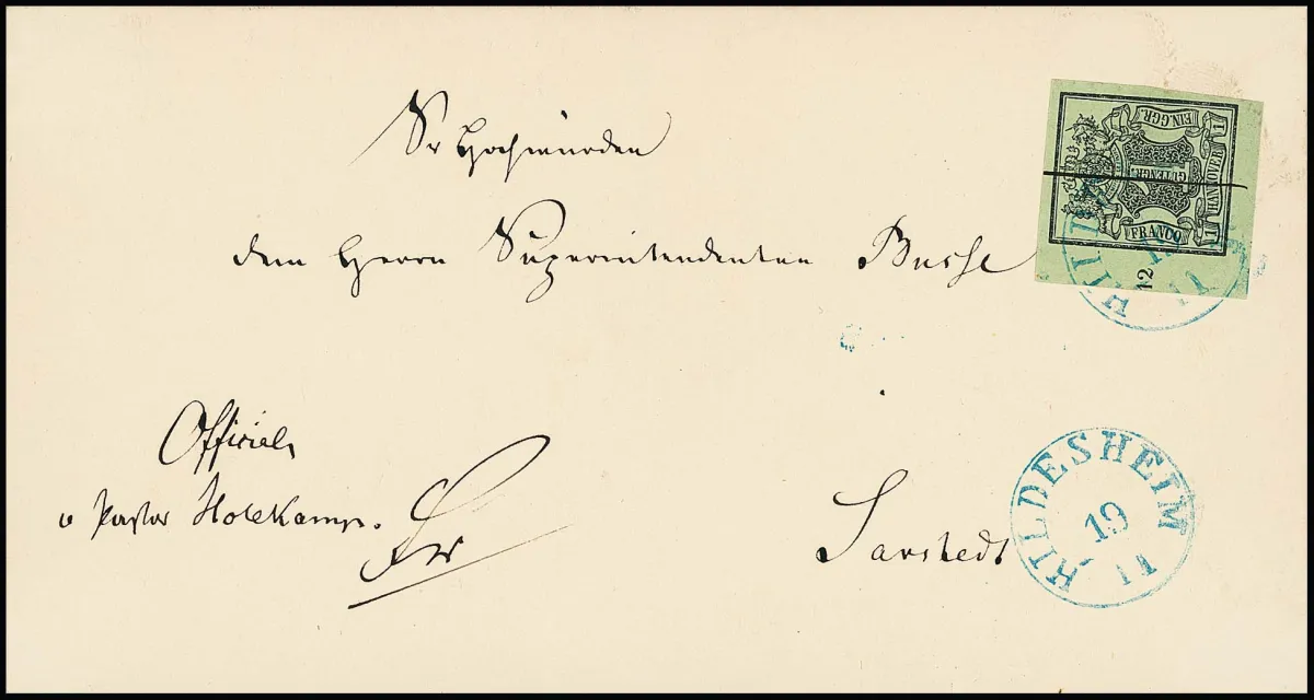 1 Ggr. black/grey-green, lower left sheet corner with row number "12" on cabinet cover with K1 "Hildesheim" and ink lines VE