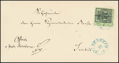 1 Ggr. noir/vert-gris, coin inférieur gauche de feuille avec numéro de rangée "12" sur lettre de cabinet avec K1 "Hildesheim" et lignes à l'encre VE