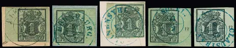 1 Ggr. noir/vert-gris, dix marges oblitérées avec numéros de rangée, dont trois coins de feuille en bas à gauche et à droite (2)