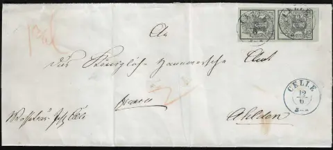 1 Ggr. noir/vert-gris, paire verticale de cabinet du bord inférieur sur lettre double (plis à l'extérieur) avec K2 "Celle" pour Ahlden