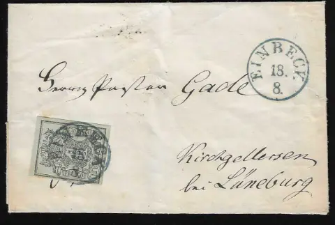 1 Ggr. noir/vert-gris du bord supérieur sur lettre de cabinet avec K1 "Aurich", ainsi qu'avec K1 "Einbeck" sur petite lettre pour la collection de lettres Kirchgellersen