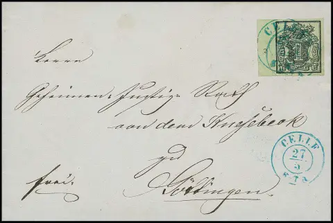 1 Ggr. brun-vert clair, deux lettres de cabinet avec bords de feuille, numéros de rangée "11" à droite et "2" à gauche, timbre oblitéré à l'avance K2 "Celle" puis oblitéré à nouveau sur lettre
