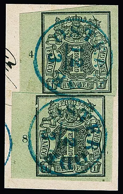 1 Ggr. brun-vert clair, deux bords gauches avec numéros de rangée "4" et "8" sur fragment de lettre de cabinet avec K1 "Osterode", timbre inférieur avec défaut de plaque "bord gauche en haut cassé et œuf sous V de HANNOVER"