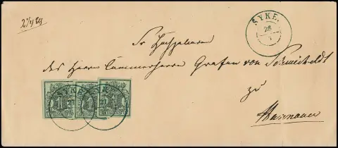 1 Ggr. brun-vert clair, trois pièces de cabinet collées l'une sur l'autre en "affranchissement en escalier" sur lettre au 3e échelon de poids, K2 bleu idéal "Syke"